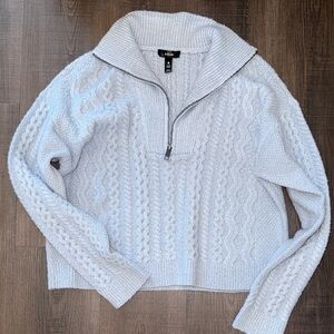 Aqua Pale Blue Cable-Knit Half-Zip Turtleneck Sweater